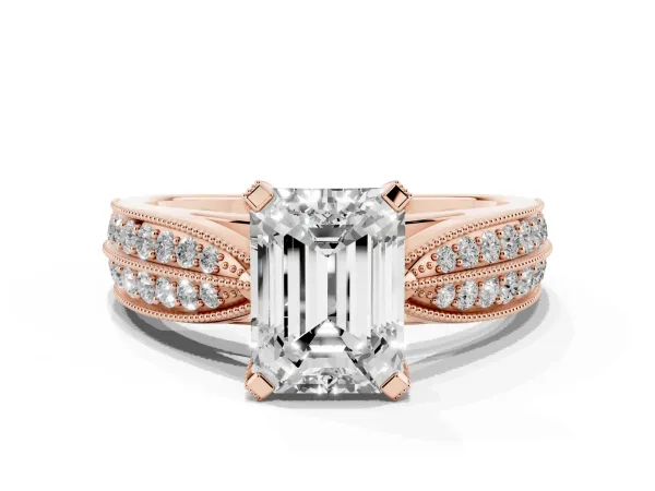 Emerald Cut Diamond Solitaire Ring with Milgrain Round Pavé Band and Prong Setting Rose gold