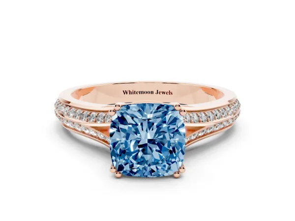 Fancy Blue Cushion Cut Diamond Split Shank Engagement Ring with Pavé Band Rose gold