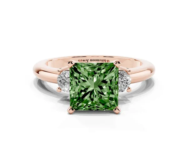Fancy Green Three-Stone Princess Cut Cut Diamond Solitaire with Prong Setting and Classic Band Rose gold