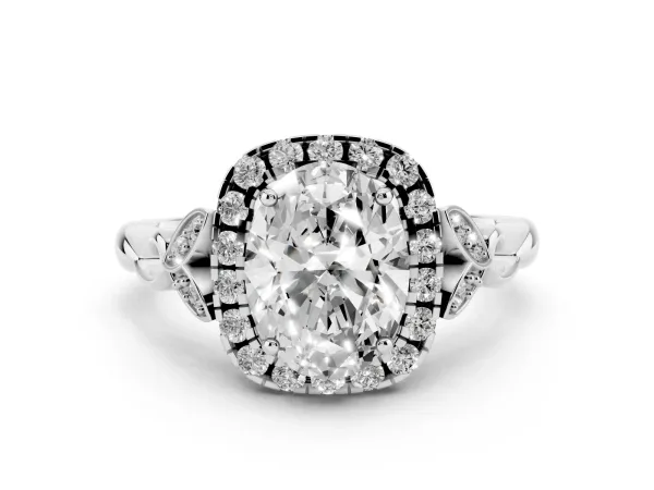 Oval Cut Halo Diamond Engagement Ring with Vintage-Inspired Band and Four-Prong Setting Platinum