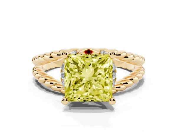 Fancy Yellow Princess Cut Halo Twisted Band Four-Prong Ring Yellow gold