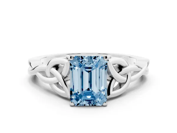 Fancy Blue Emerald Cut Diamond Solitaire Engagement Ring with Celtic Knot Band and Four-Prong Setting Platinum