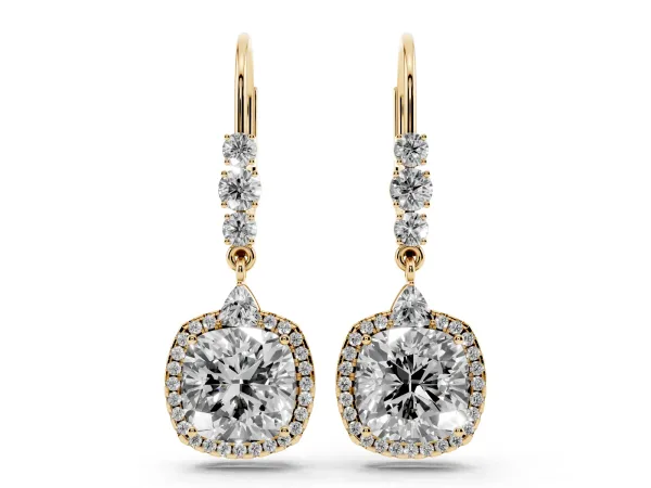 Cushion Diamond Drop Earrings with Trillion Diamond Accents and Round Diamond Halo Yellow gold