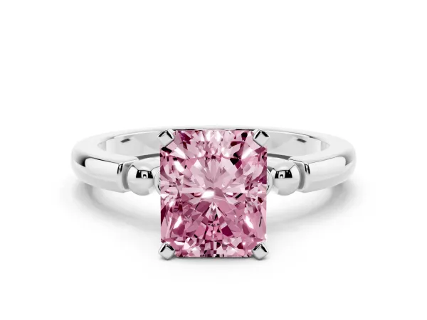 Fancy Pink Radiant Cut Solitaire Beaded Band with Four-Prong Setting White gold