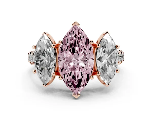Fancy Pink Three-Stone Marquise Cut Diamond Pavé Band with Prong Setting Rose gold