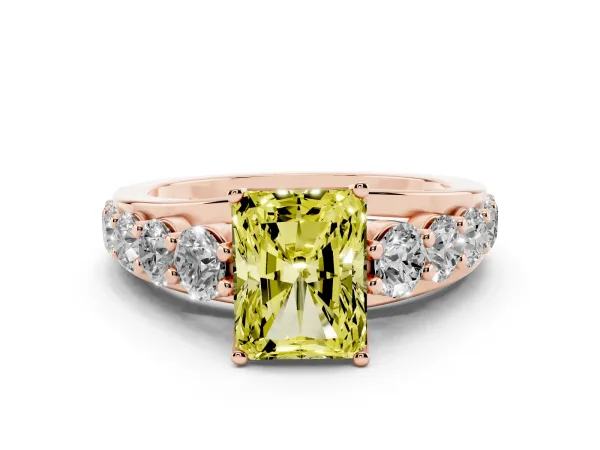 Fancy Yellow Radiant Cut Diamond Engagement Ring with Pavé Band and Four-Prong Setting Rose gold