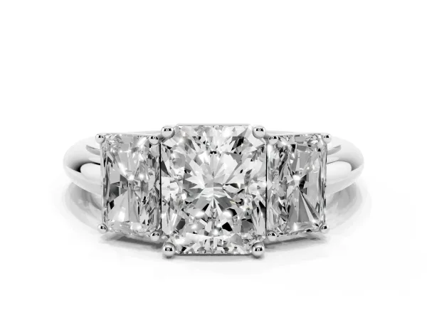 Three-Stone Radiant Cut Cut Diamond Engagement Ring with Prong Setting on a White Gold Band Platinum