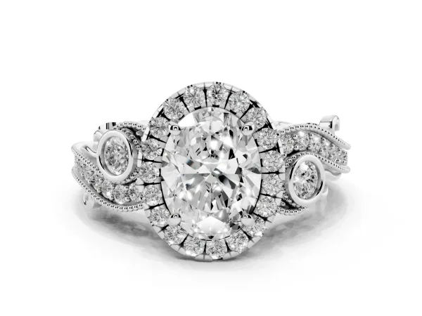 Oval Cut Halo Diamond Ring with Milgrain and Bezel Accents on a Split Shank Band Platinum