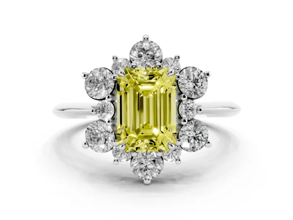Fancy Yellow Emerald Cut Diamond Cluster Halo Ring with Solitaire Band and Four-Prong Setting White gold