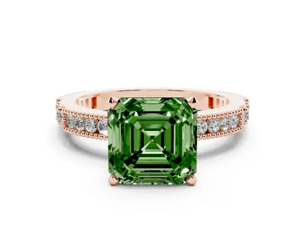 Fancy Green Asscher Cut Solitaire with Pavé Band and Four-Prong Setting Rose gold