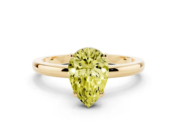Fancy Yellow Pear Cut Solitaire Diamond Ring with Prong Setting and Plain Band Yellow gold