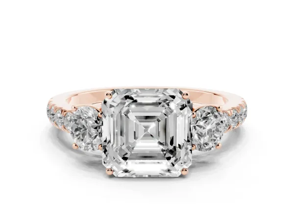 Asscher Cut Cut Diamond Three-Stone Ring with Round Side Stones and Pavé Band Rose gold