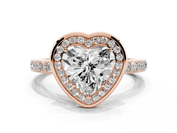Heart Cut Diamond Halo Ring with Bezel Frame and Pavé Band Rose gold