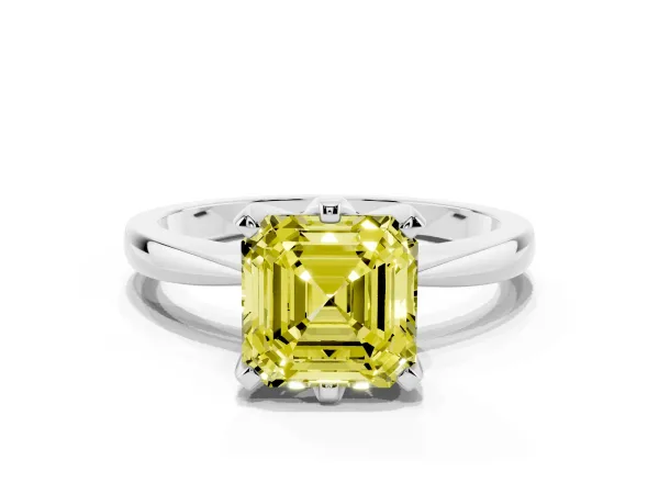Fancy Yellow Asscher Cut Solitaire Engagement Ring with Six-Prong Setting and Tapered Band White gold