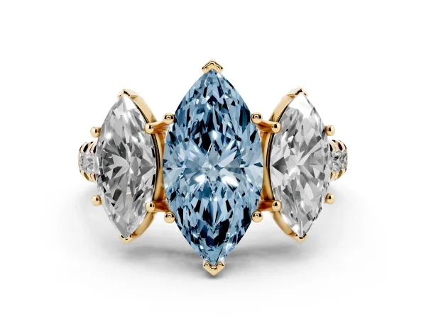 Fancy Blue Three-Stone Marquise Cut Diamond Pavé Band with Prong Setting Yellow gold