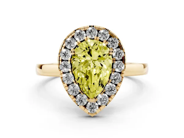 Fancy Yellow Pear Cut Halo Diamond Solitaire with Pavé Band and Four-Prong Setting Yellow gold