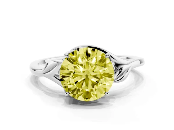Fancy Yellow Round Cut Diamond Solitaire Ring with Twist Band and Four-Prong Setting Platinum
