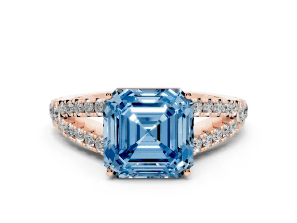 Fancy Blue Asscher Cut Diamond Split Shank Pavé Engagement Ring with Four-Prong Setting Rose gold