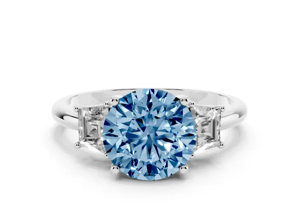Fancy Blue Round Cut Diamond Three-Stone Ring with Trapezoid Side Stones and Prong Setting Platinum