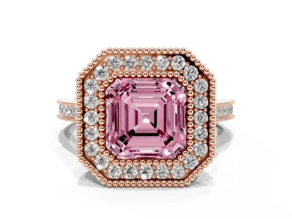 Fancy Pink Asscher Cut Diamond Halo Ring with Milgrain Frame and Pavé Band Rose gold