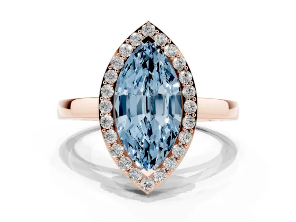 Fancy Blue Marquise Cut Halo Diamond Ring with Solitaire Band and Prong Setting Rose gold