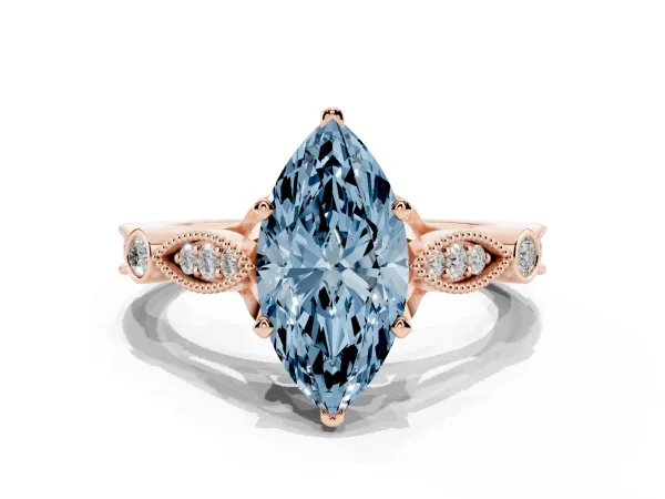 Fancy Blue Marquise Cut Cut Diamond with Milgrain Marquise and Bezel Accents on a Solitaire Band with Prong Setting Rose gold
