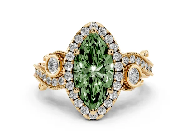Fancy Green Marquise Cut Halo Diamond Ring with Milgrain and Bezel Accents on a Split Shank Band Yellow gold
