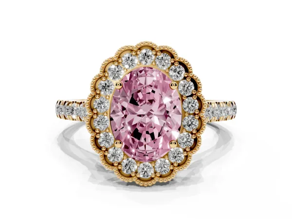 Fancy Pink Oval Cut Cut Diamond Milgrain Floral Halo Engagement Ring with Pavé Band Yellow gold