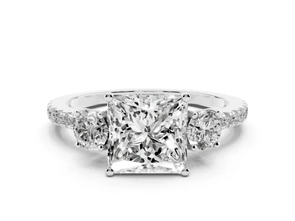 Three-Stone Princess Cut Cut Diamond Pavé Band with Prong Setting Platinum