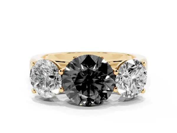 Fancy Black Round Cut Three-Stone Diamond Ring with Prong Setting on a Classic Band Yellow gold
