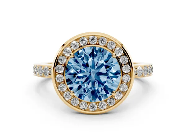Fancy Blue Round Cut Diamond Halo Ring with Bezel Frame and Pavé Band Yellow gold