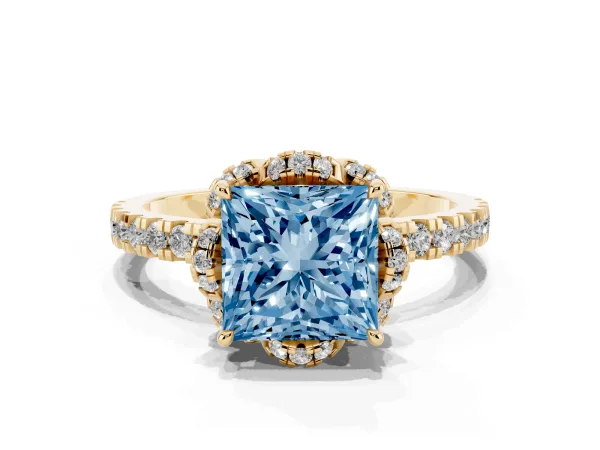 Fancy Blue Princess Cut Halo Diamond Pave Band Ring with Four-Prong Setting Yellow gold