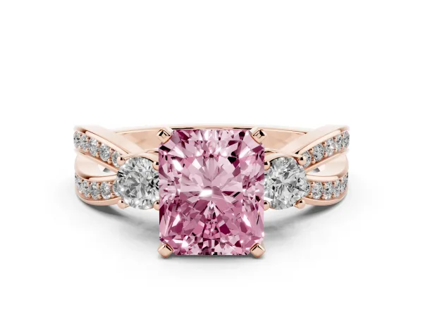 Fancy Pink Three-Stone Radiant Cut Cut Diamond Twist Band with Prong Setting Rose gold