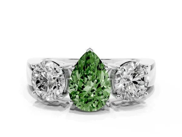 Fancy Green Three-Stone Pear Cut Diamond Ring with Round Side Stones, Classic Band, and Four-Prong Setting White gold