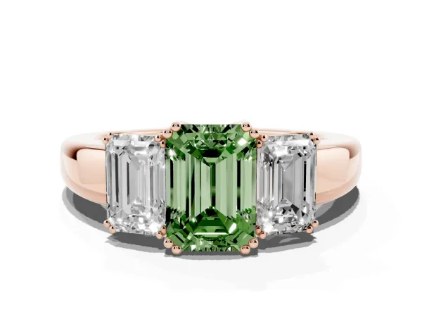 Fancy Green Three-Stone Emerald Cut Cut Diamond Ring with Channel Set Band and Four-Prong Setting Rose gold