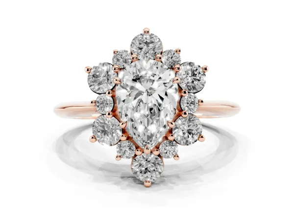 Pear Cut Diamond Cluster Halo Ring with Solitaire Band and Four-Prong Setting Rose gold