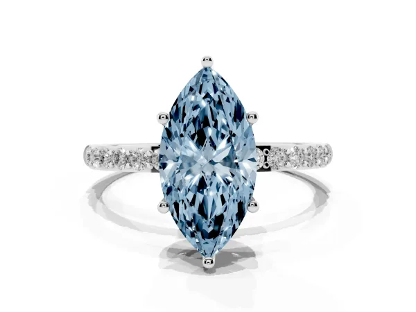 Fancy Blue Marquise Cut Diamond Solitaire Ring with Round Pavé Shoulders and Prong Setting White gold
