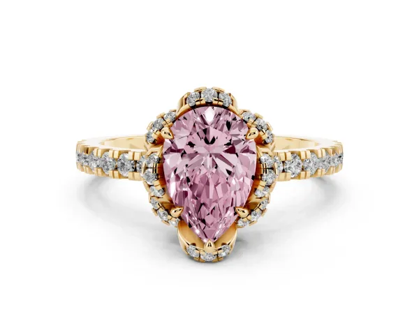 Fancy Pink Pear Cut Halo Diamond Pave Band Ring with Four-Prong Setting Yellow gold