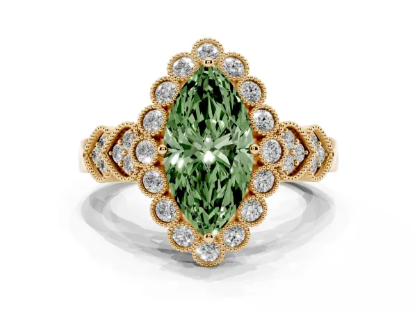 Fancy Green Marquise Cut Brilliant Milgrain Pave Heart Band Solitaire Ring Yellow gold