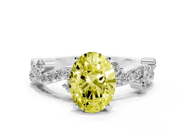 Fancy Yellow Oval Cut Cut Solitaire Diamond Twisted Band with Pave Setting White gold