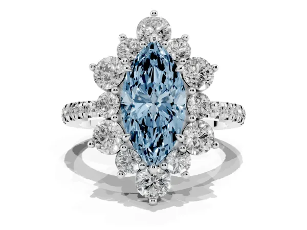 Fancy Blue Marquise Cut Diamond Floral Halo Ring with Round Pavé Band and Prong Setting White gold