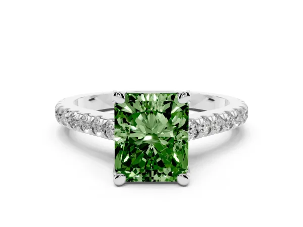 Fancy Green Radiant Cut Brilliant Diamond Solitaire with Pavé Band and Four-Prong Setting White gold