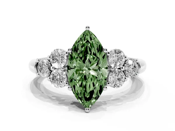 Fancy Green Marquise Cut Cut Diamond Cluster Ring with Round Accent Stones and Prong Setting on a Classic Band Platinum