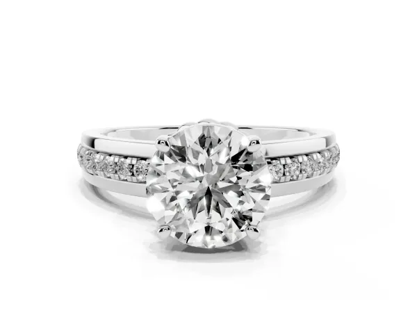 Round Cut Solitaire Diamond Ring with Channel Set Band and Six-Prong Setting Platinum