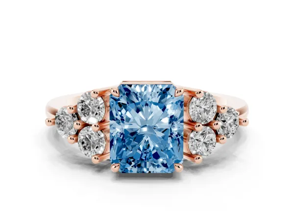 Fancy Blue Radiant Cut Brilliant Diamond Cluster Accent Solitaire Ring with Prong Setting Rose gold