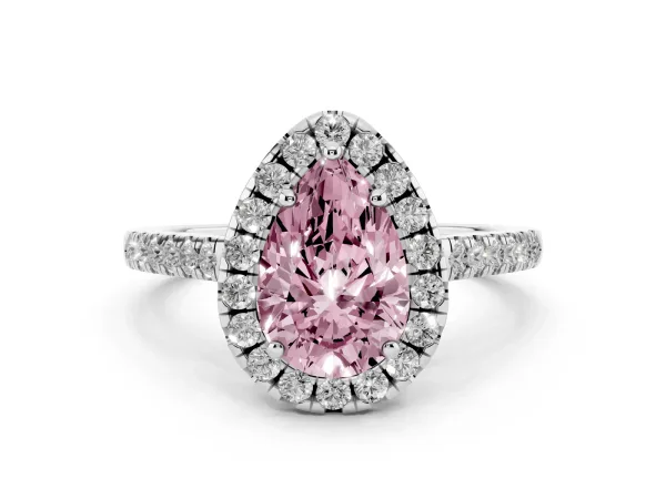 Fancy Pink Pear Cut Halo Pavé Diamond Engagement Ring with Four-Prong Setting White gold