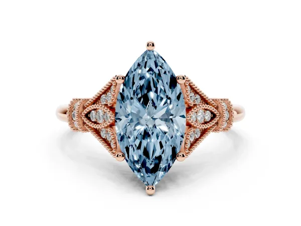 Fancy Blue Marquise Cut Diamond Solitaire Ring with Floral Filigree and Pave Accents Rose gold