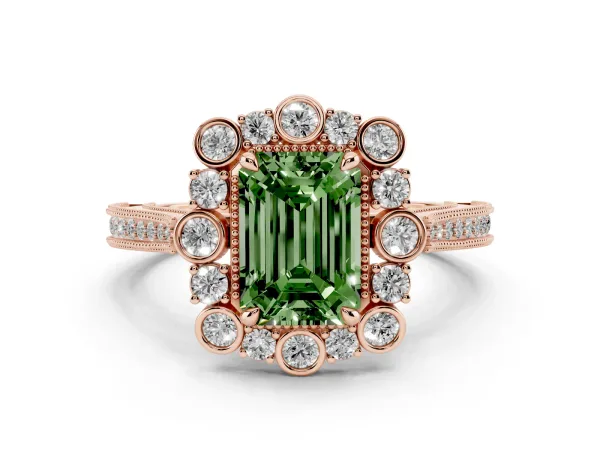 Fancy Green Emerald Cut Halo Milgrain Pave Diamond Ring with Four-Prong Setting Rose gold