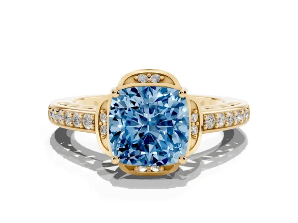 Fancy Blue Cushion Cut Cut Halo Diamond Ring with Channel Set Band and Four-Prong Setting Yellow gold