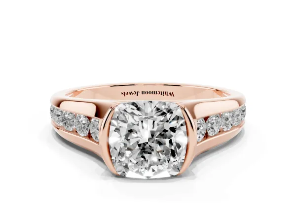 Cushion Cut Solitaire Bezel-Set Diamond Ring with Channel-Set Band Rose gold